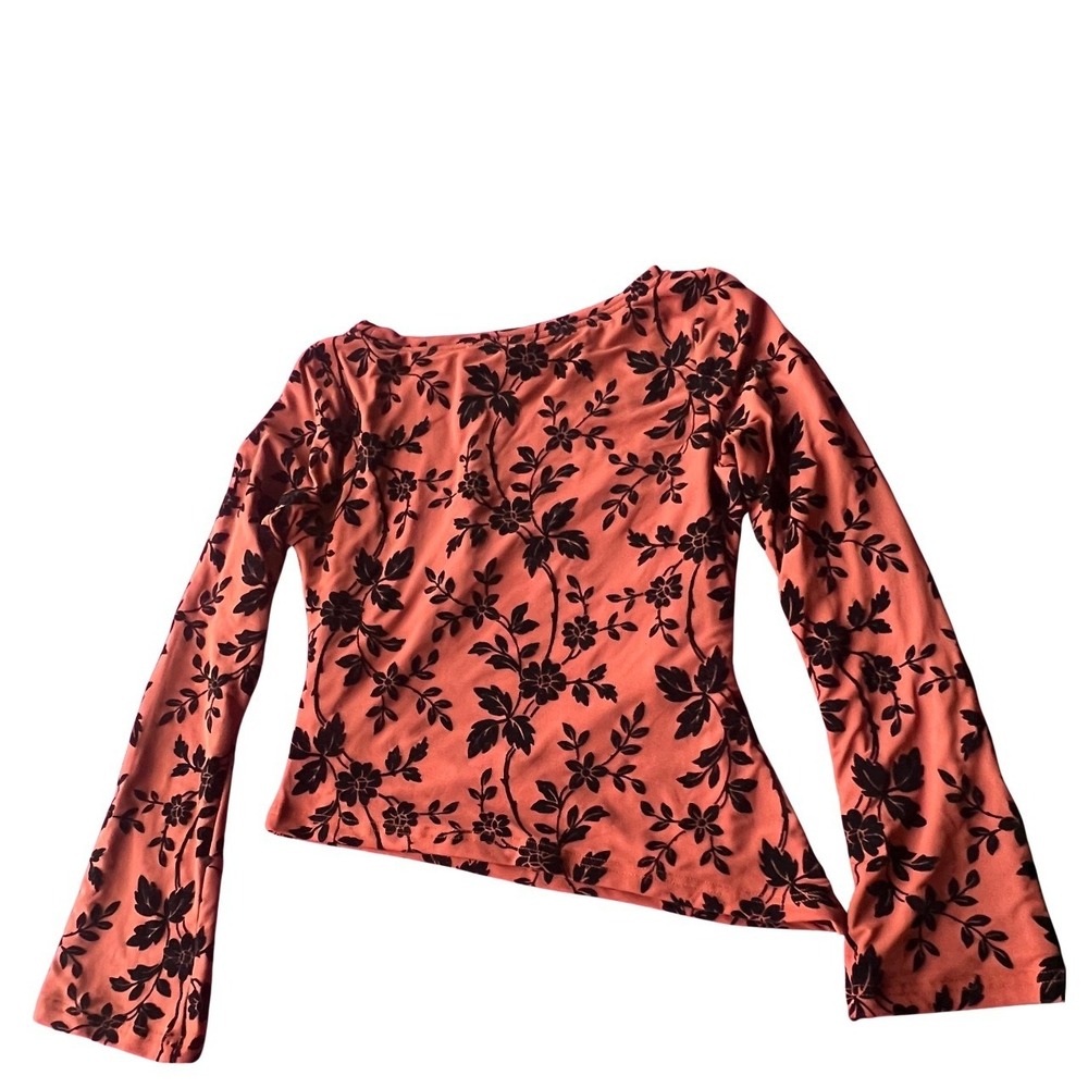 Velvet Floral Mesh Top Women's Medium Velvet Burnout Orange Asymmetric‎ Ruched